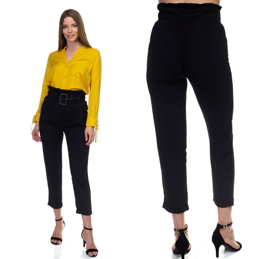 High waisted paper bag ankle pants in black